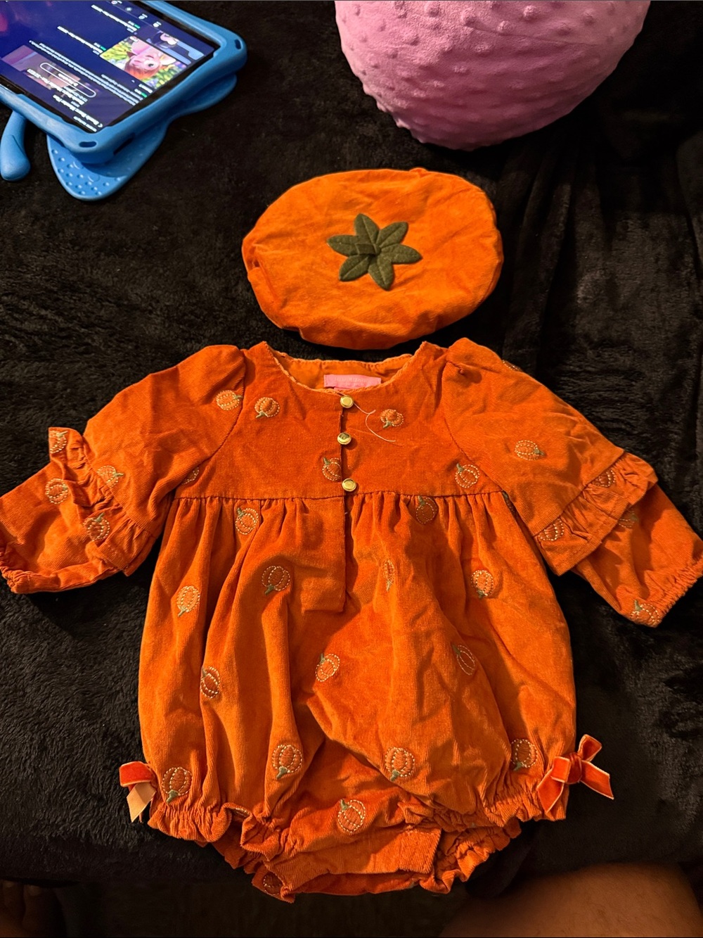 Isaac Mizrahi Orange Pumpkin Bubble Romper with Matching Cap
